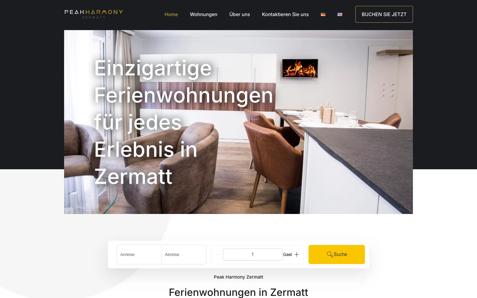 Screenshot der Website von Peak Harmony Zermatt